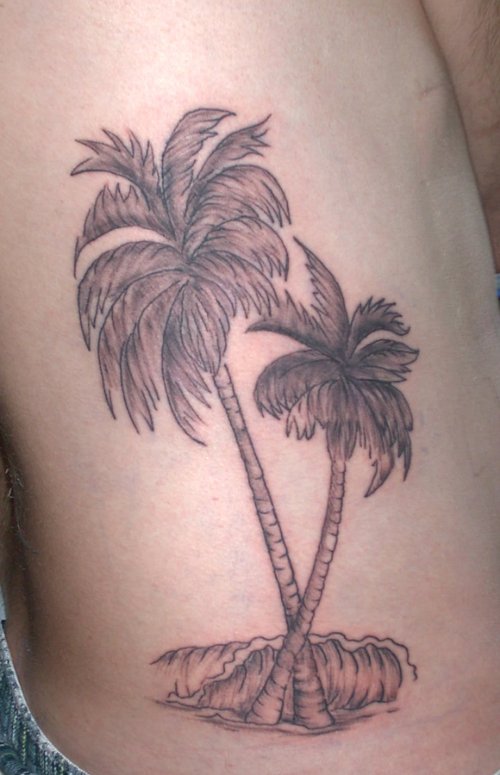 Attractive Grey Ink Palm Tree Tattoo On Right Side